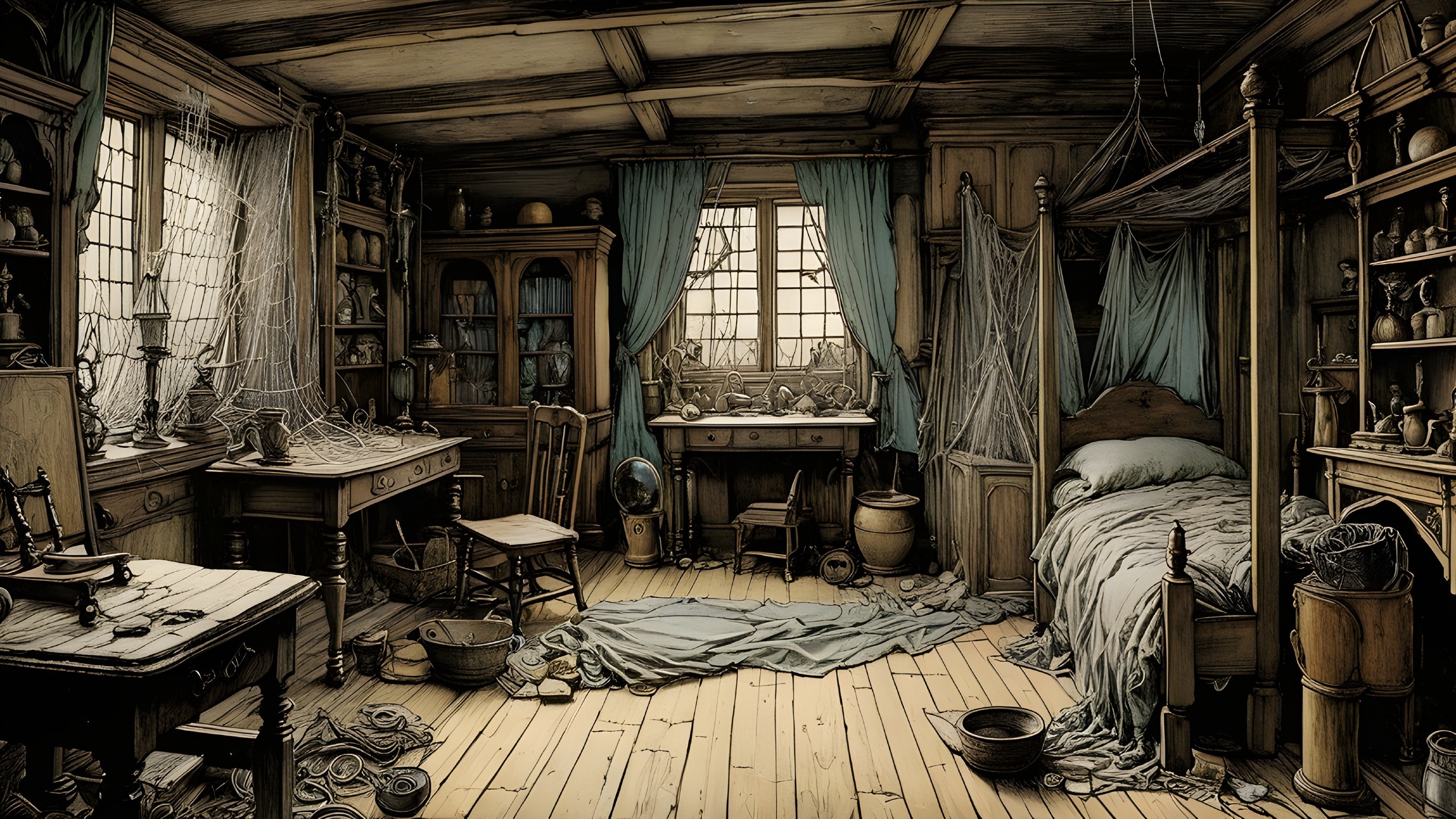 Rustic Vintage Room with Wooden Furniture and Cobwebs