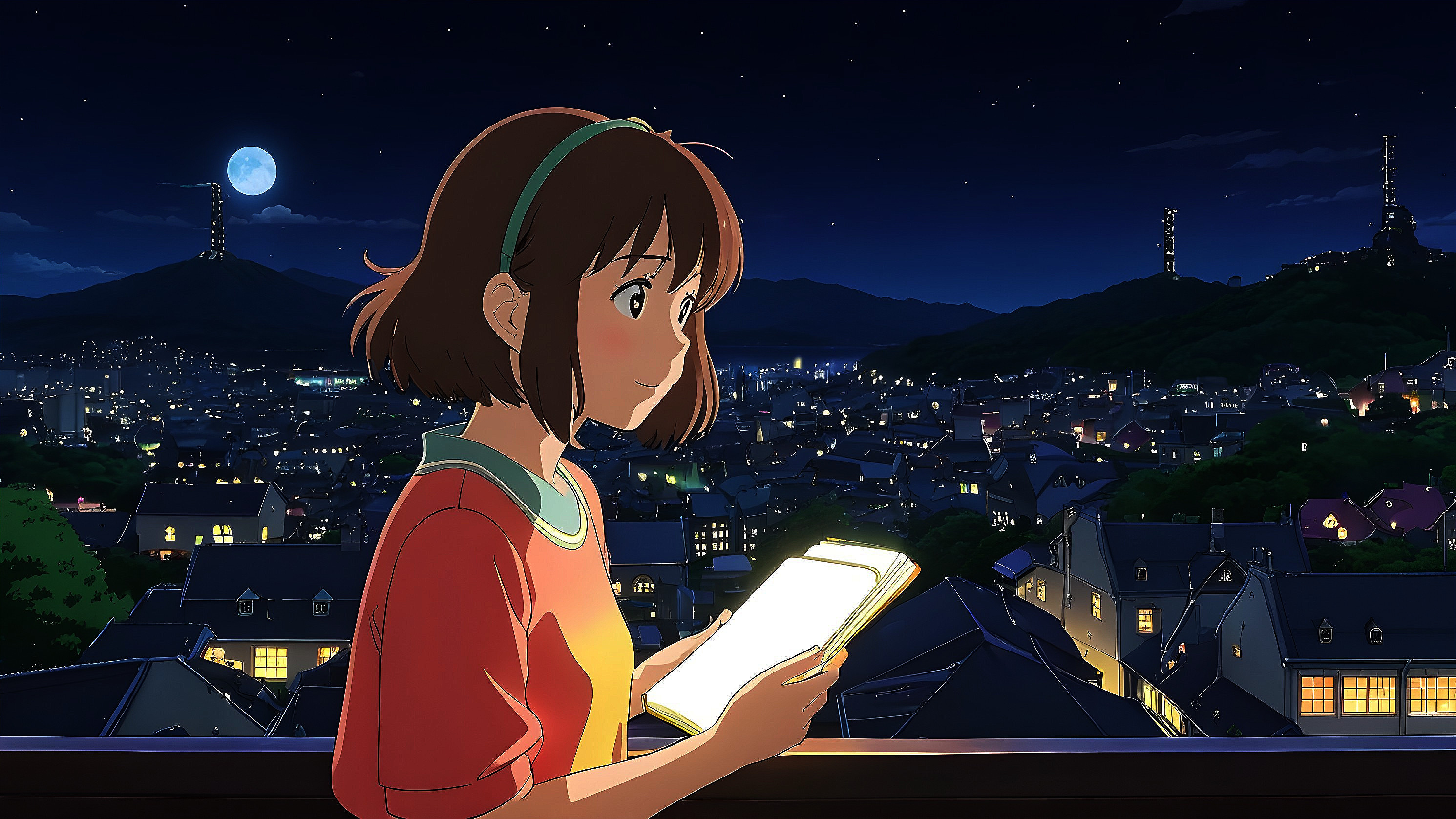 Nighttime Scene of a Girl with a Glowing Tablet