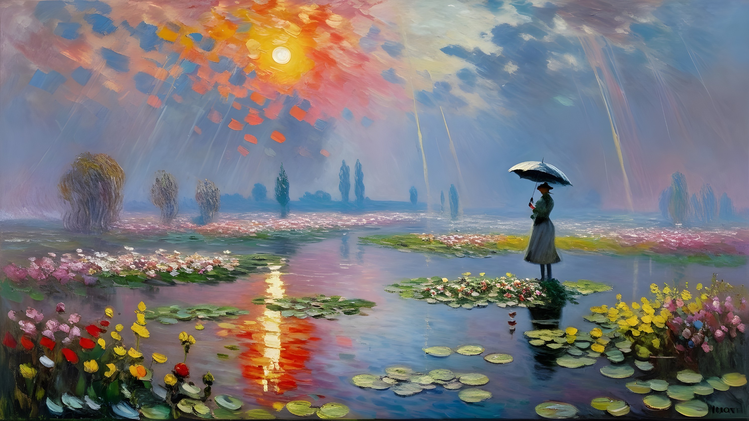 Serene landscape with umbrella and blooming water lilies