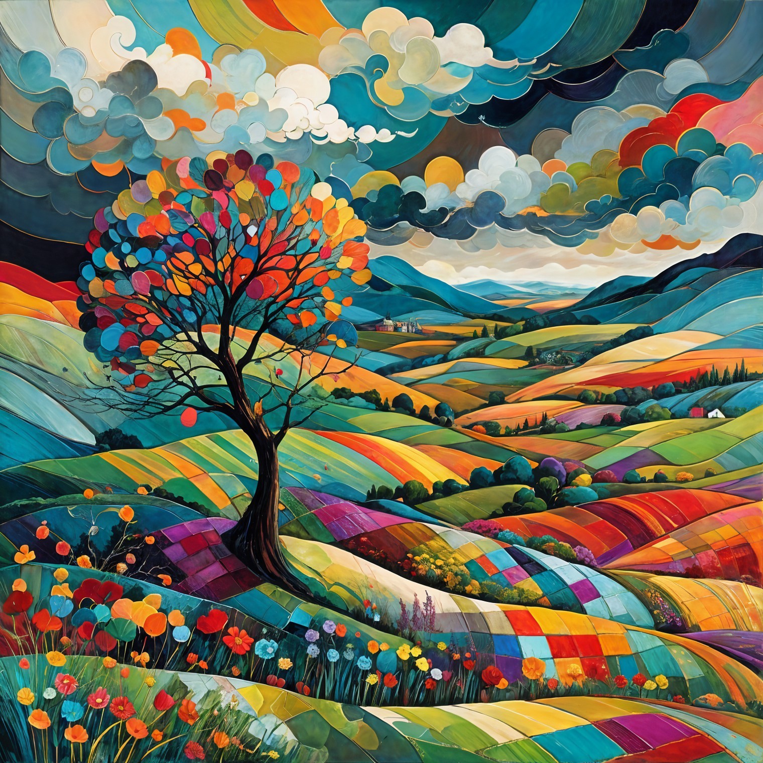 Vibrant Landscape with Colorful Hills and Tree