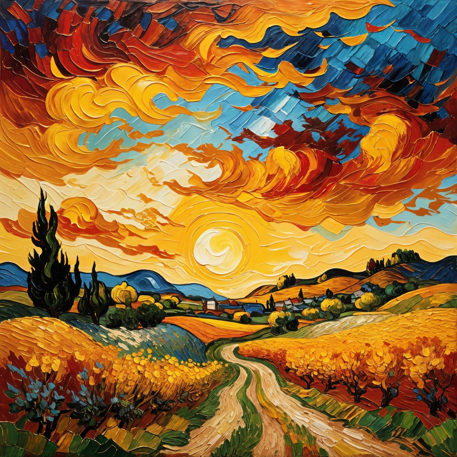Vibrant Landscape with Winding Path and Sunset Sky