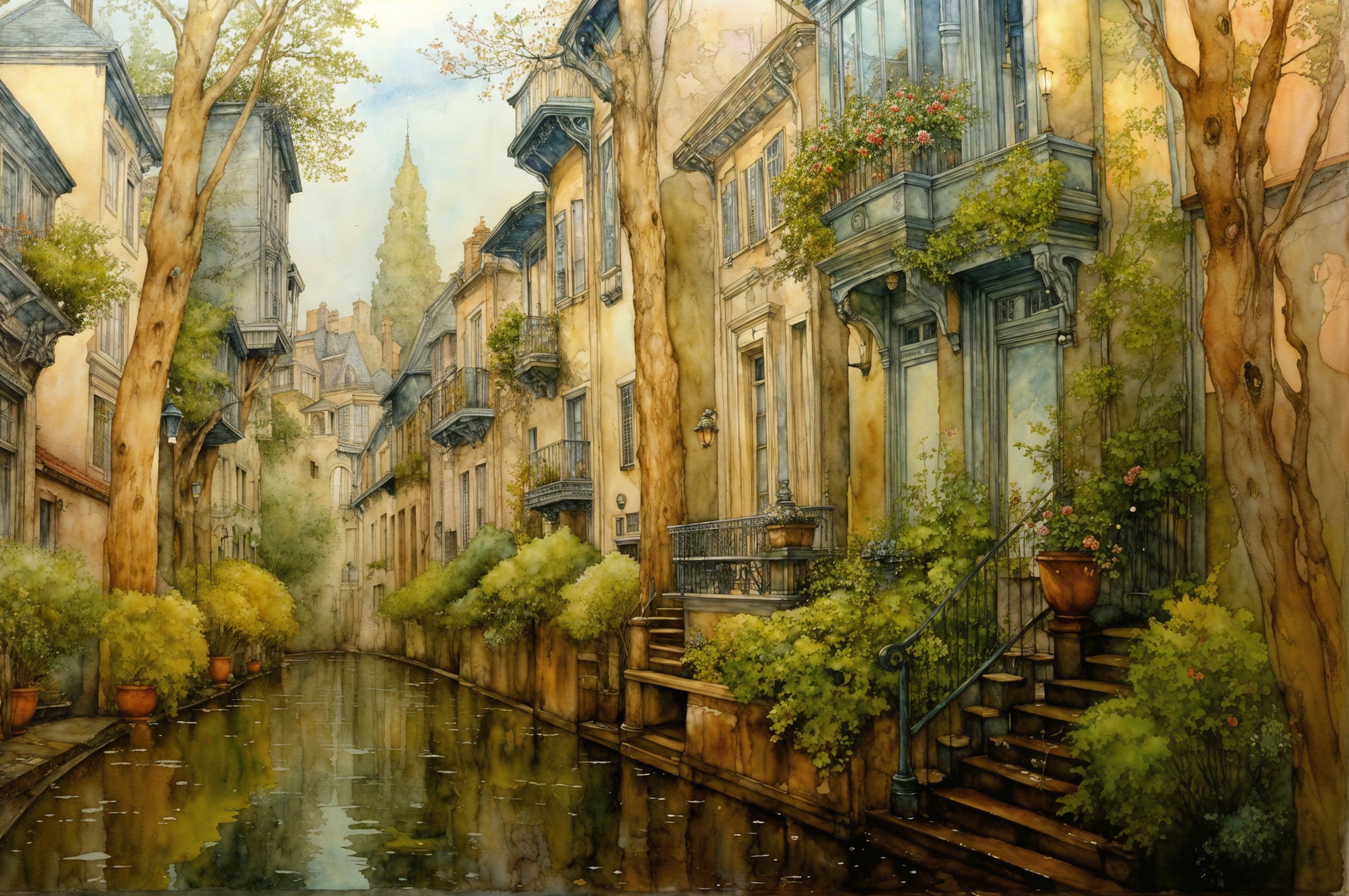 Charming Street Scene with Flower-Adorned Balconies