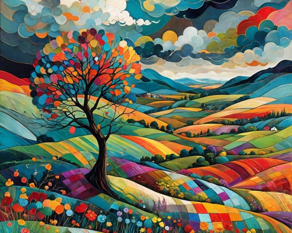 Vibrant Landscape with Colorful Hills and Tree
