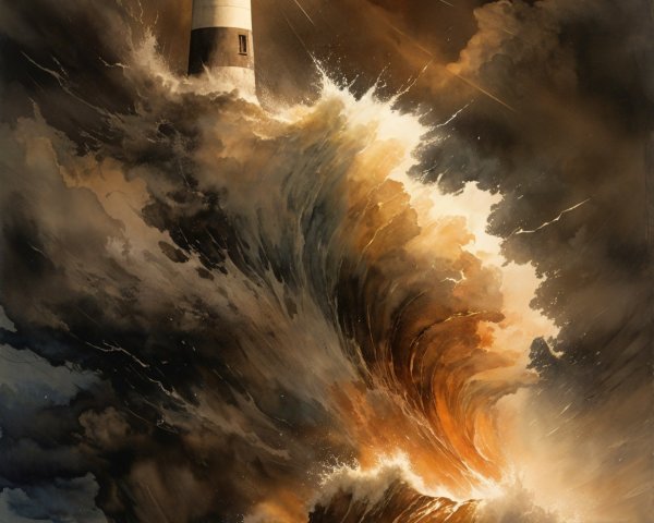 Lighthouse Amidst Stormy Waves and Dark Clouds