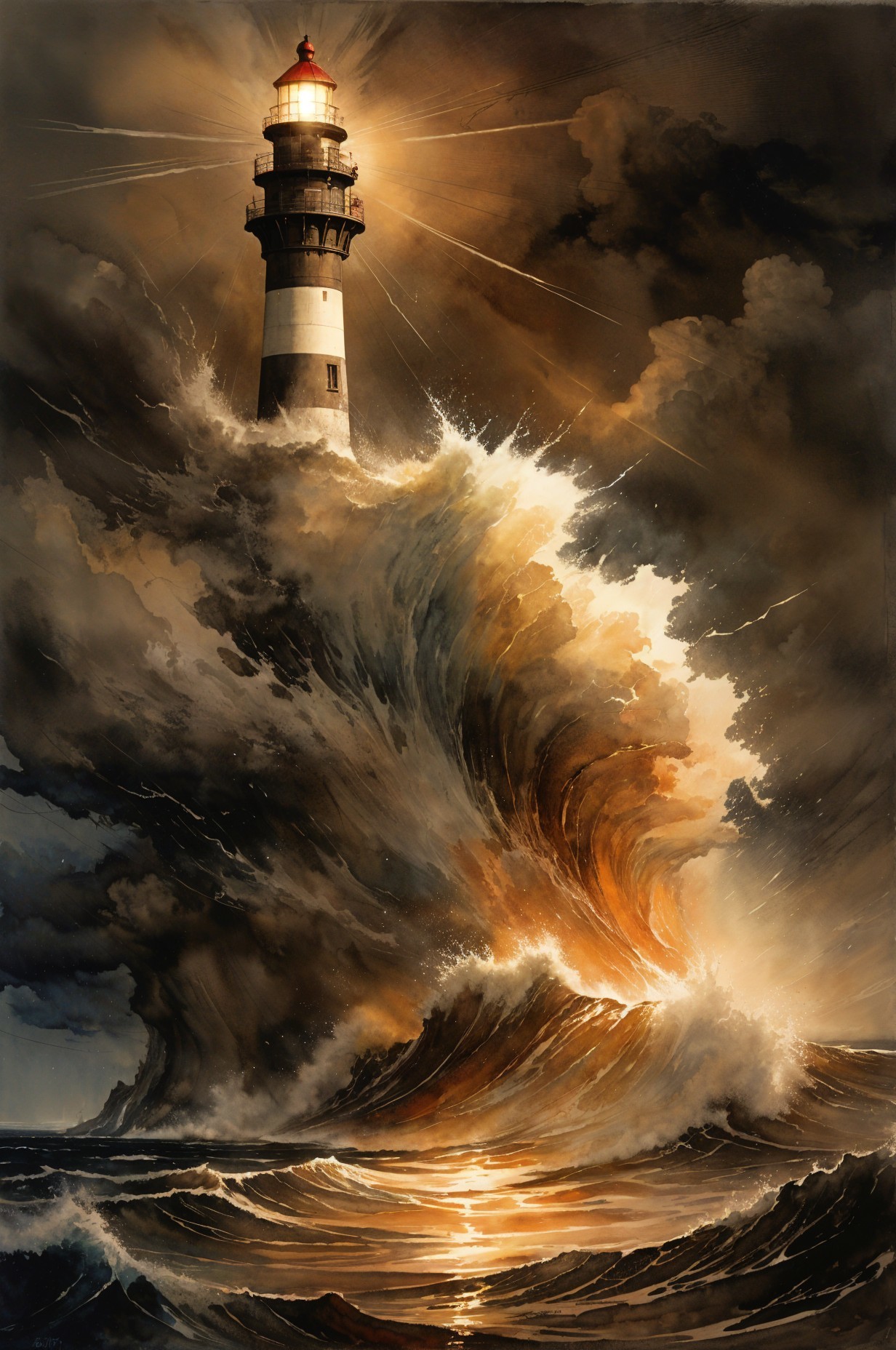 Lighthouse Amidst Stormy Waves and Dark Clouds