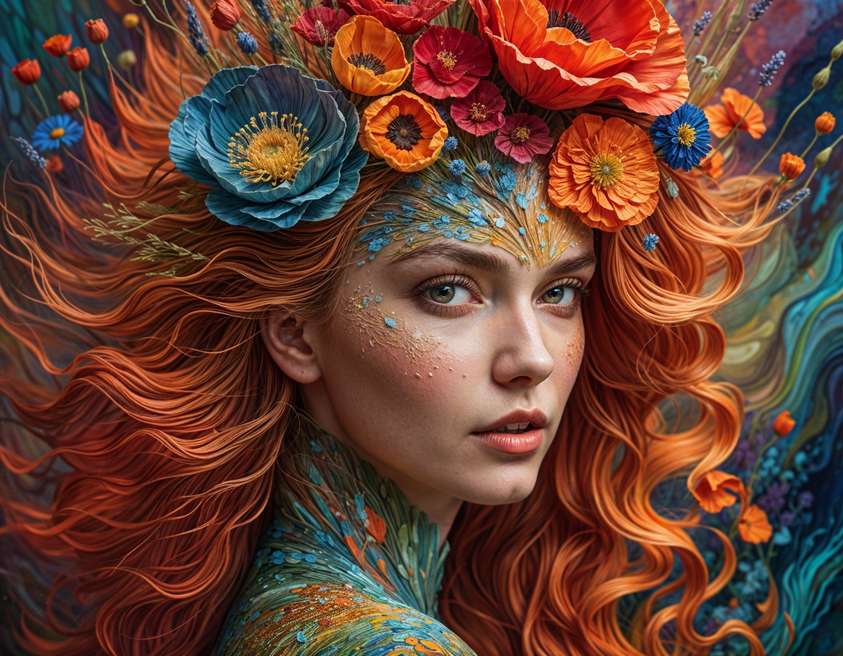 Portrait of a woman with orange hair and floral motifs