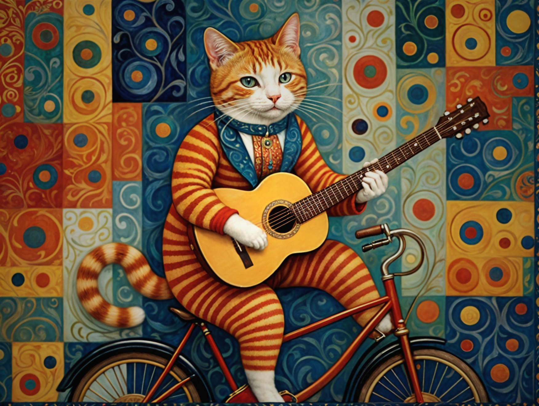Whimsical Ginger Cat Playing Guitar on Colorful Bicycle