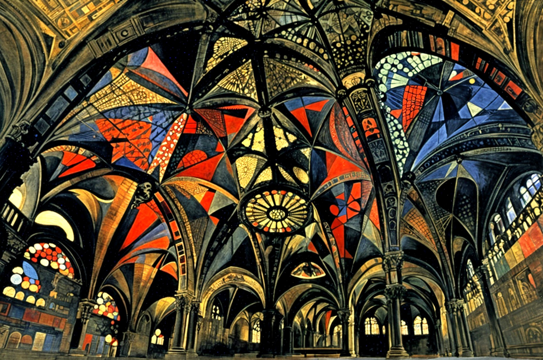 Grand Interior with Intricate Ceiling and Stained Glass