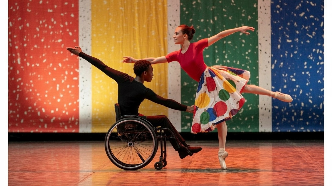 Dancers Collaborating on Stage with Colorful Backdrop