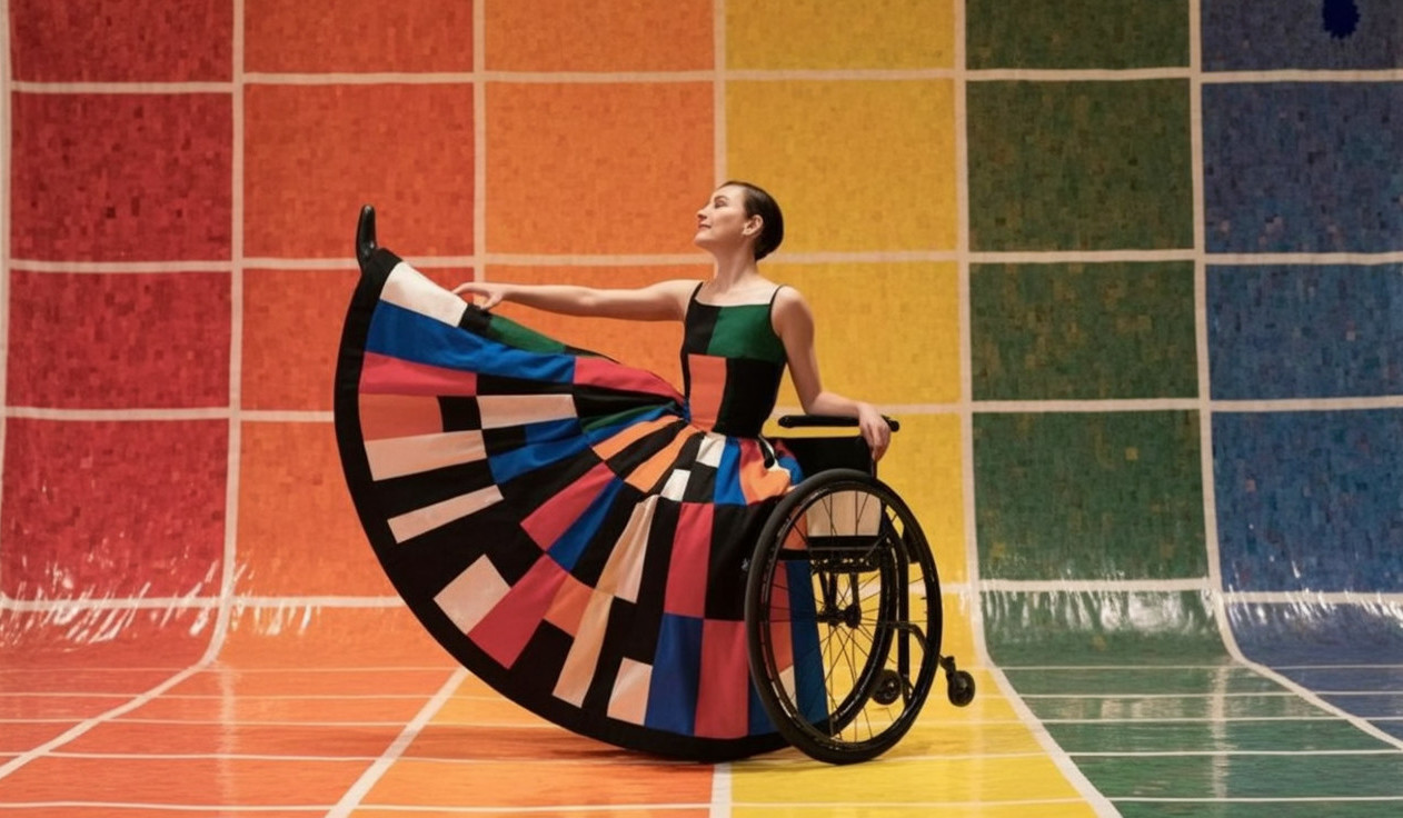 Vibrant Scene of Woman in Colorful Dress in Wheelchair