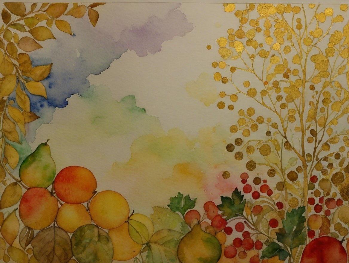 Vibrant Watercolor Artwork of Fruits and Foliage