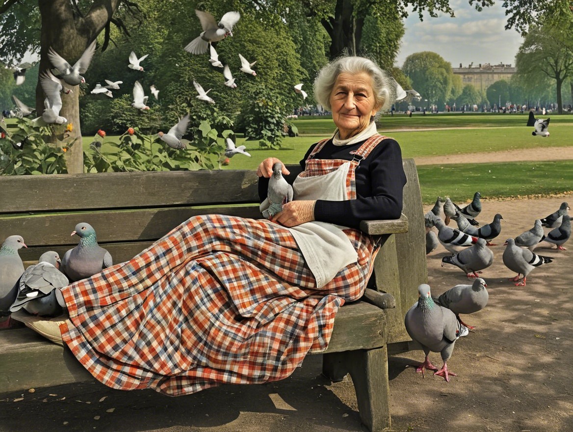 Elderly Woman with Pigeons in Tranquil Park Setting