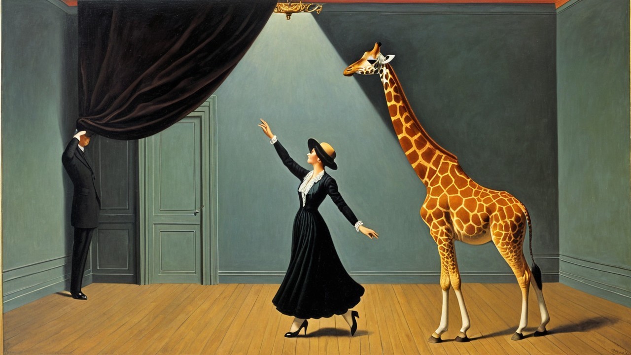 Surreal Scene of Woman and Giraffe in Dim Room