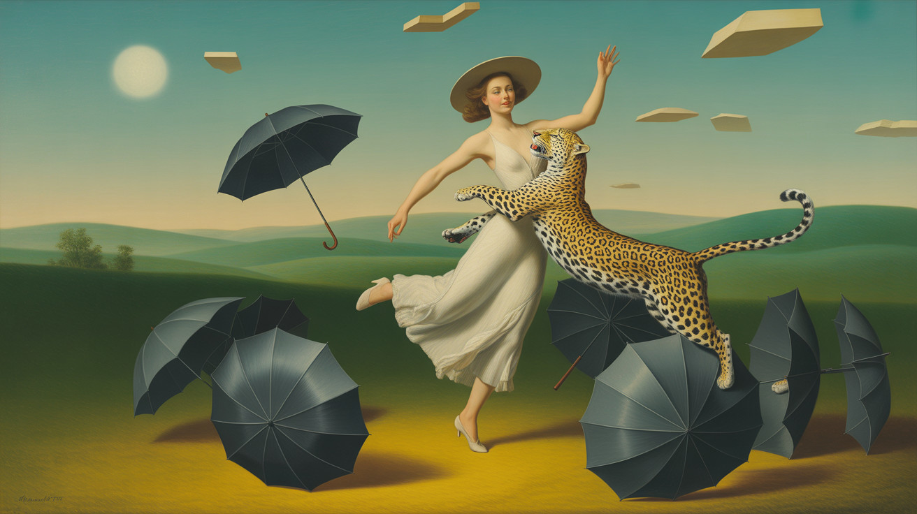 Whimsical Dance with Leopard in Vibrant Landscape