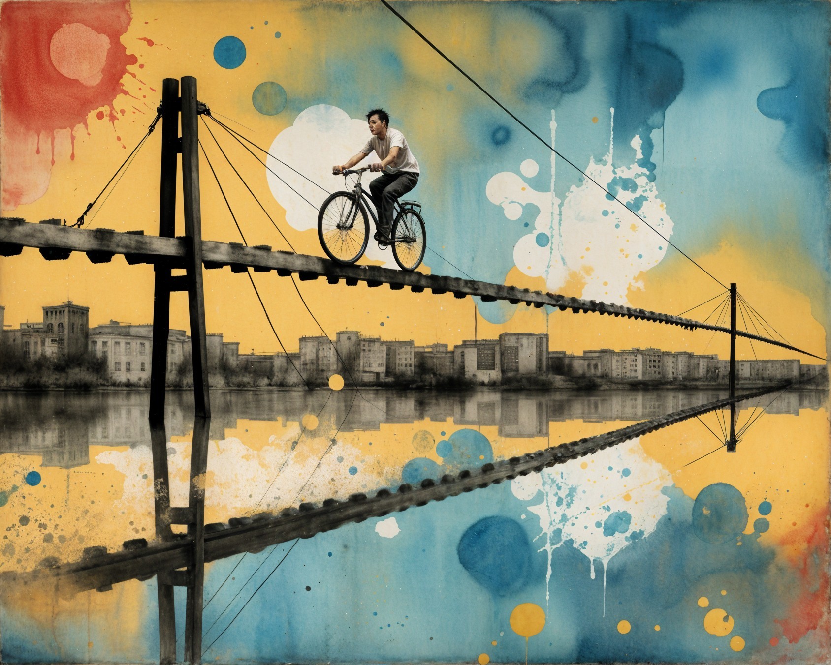 Cyclist on Artistic Bridge Over Reflective Waters