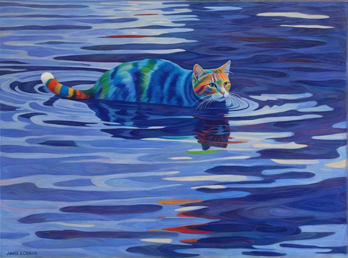 Vibrant Cat Swimming in Colorful Water Reflections