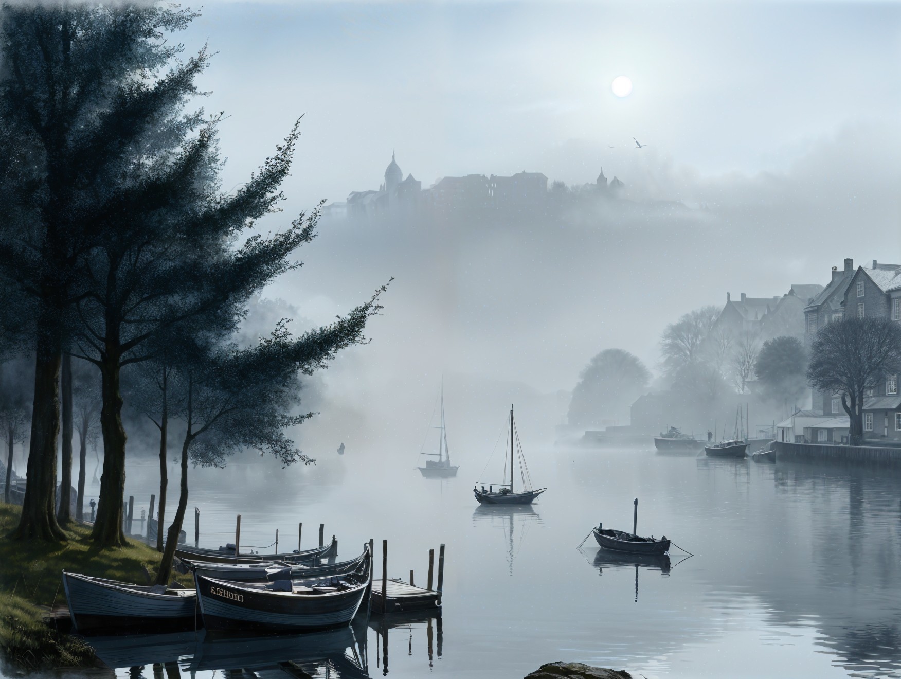 Serene Riverscape with Mist and Silhouetted Trees