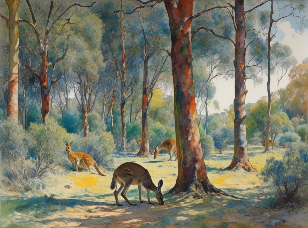 Woodland Scene with Kangaroos and Eucalyptus Trees