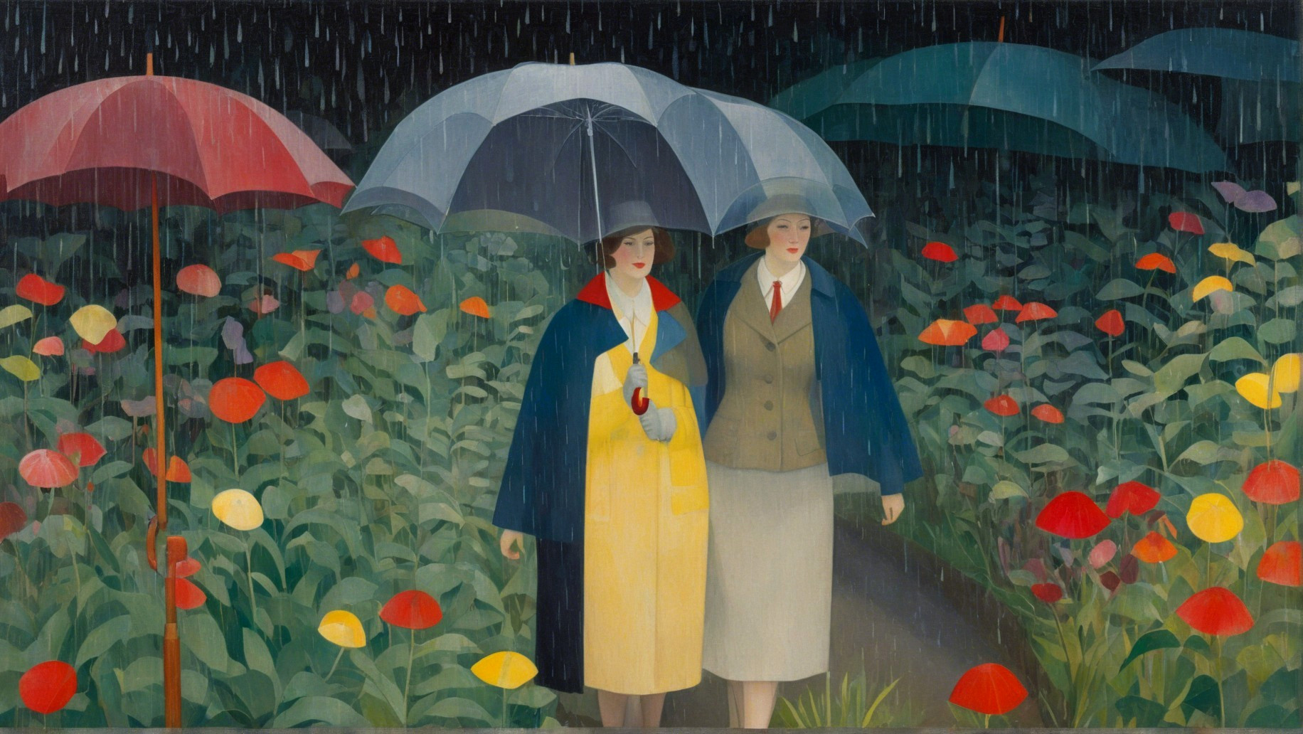 Women with Umbrellas Walking on a Flower-Lined Path