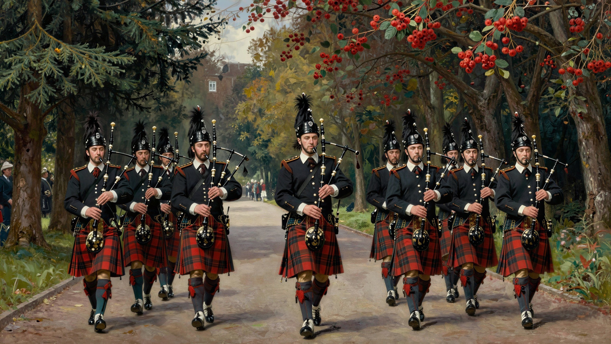 Military Bagpipe Band in Uniform on Gray Path