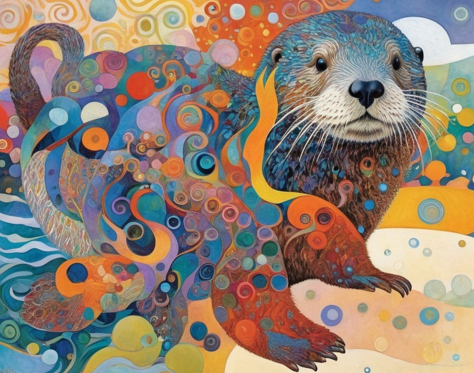 Colorful Abstract Otter Painting with Swirling Patterns