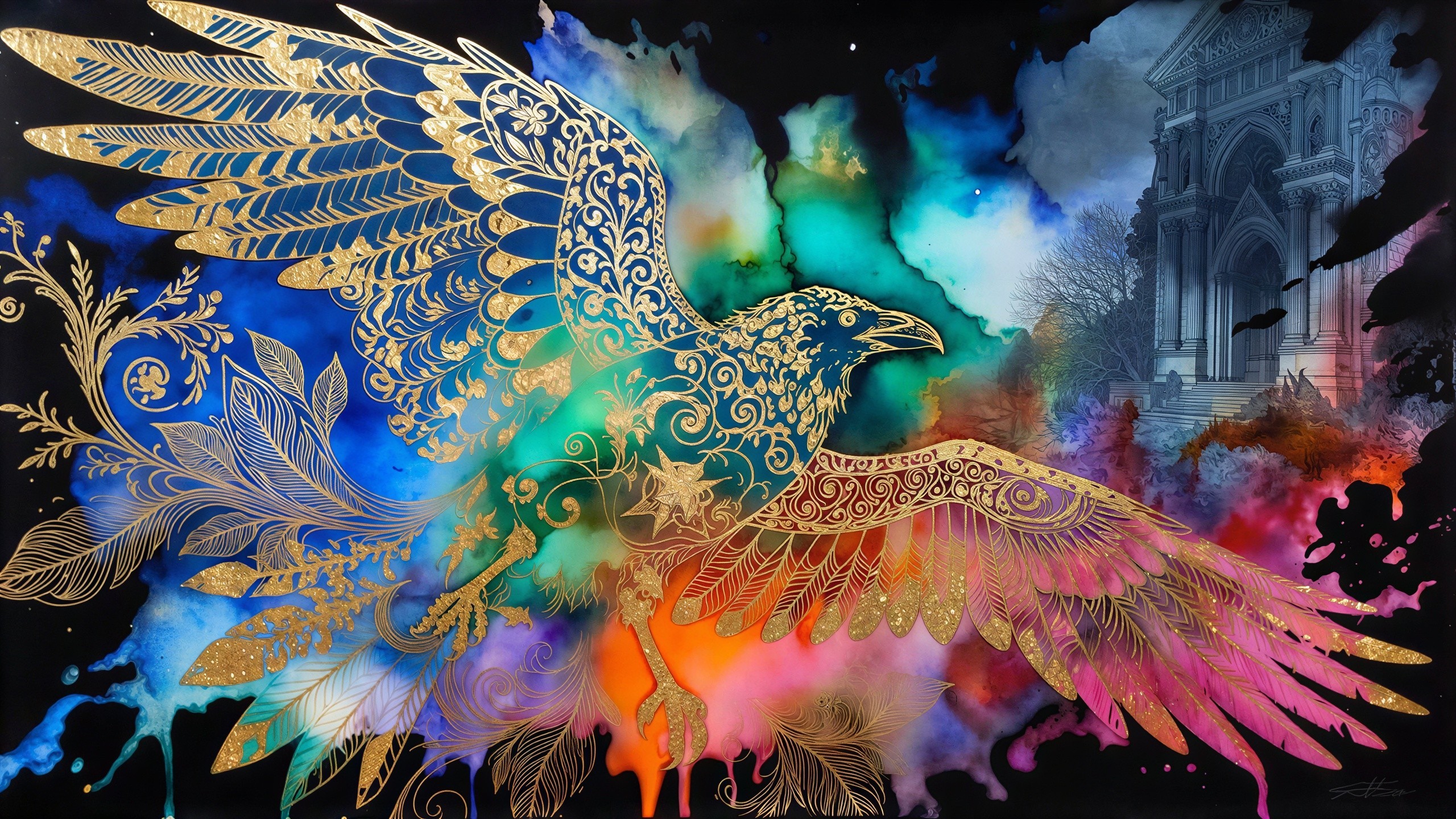 Colorful Background with Ornate Bird and Building