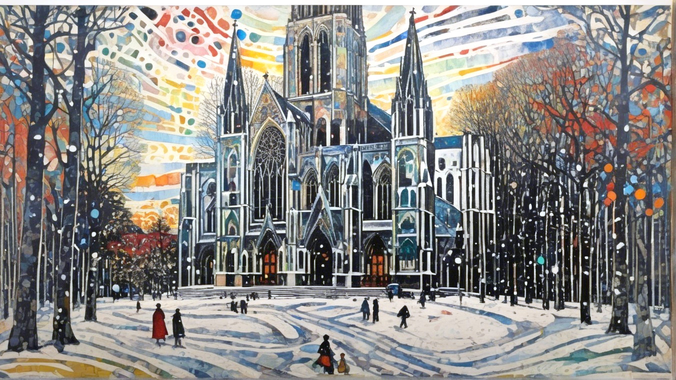 Vibrant Winter Scene with Cathedral and Snowy Landscape