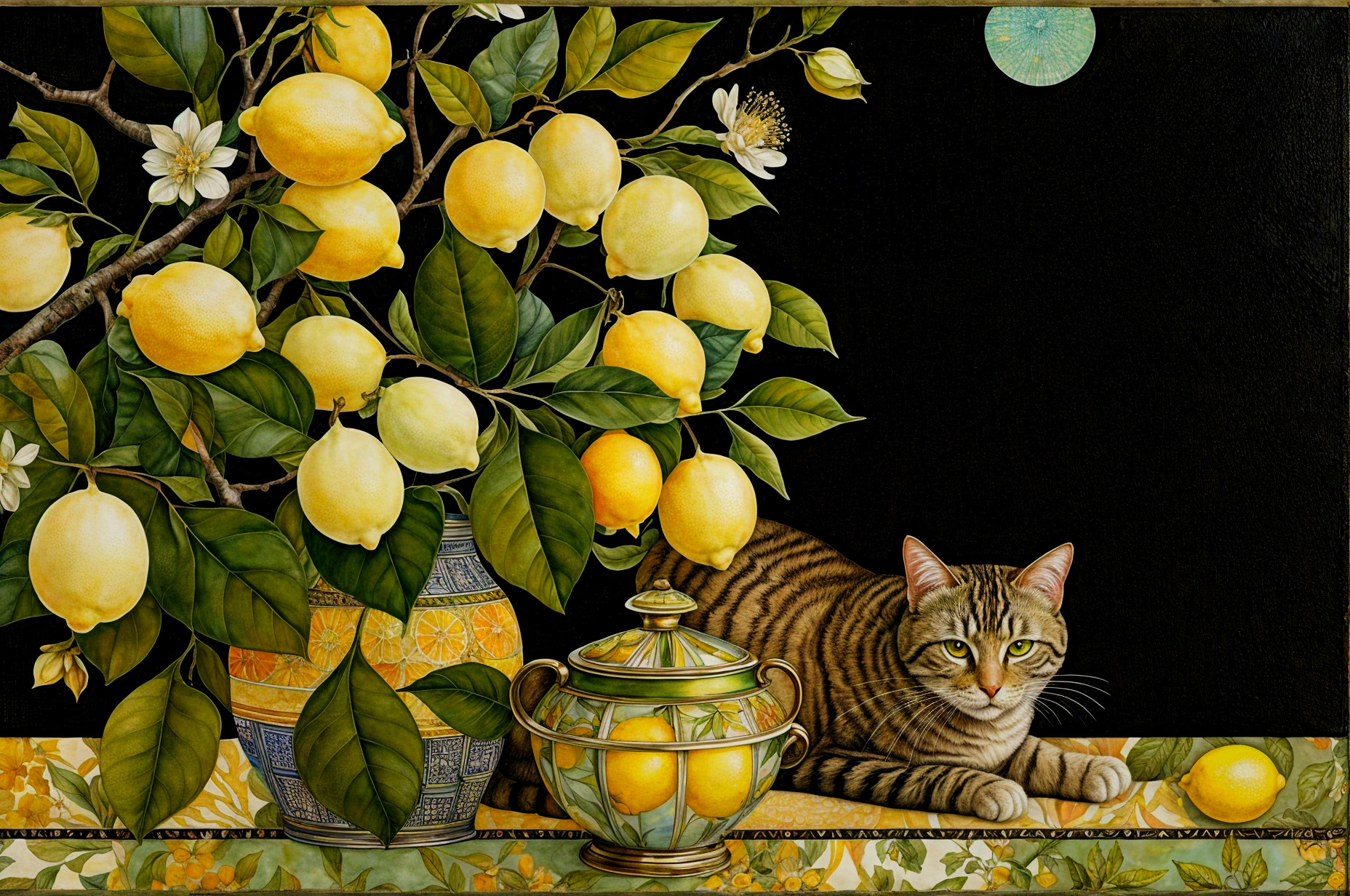 Vibrant Still Life with Lemons and Cat on Dark Background