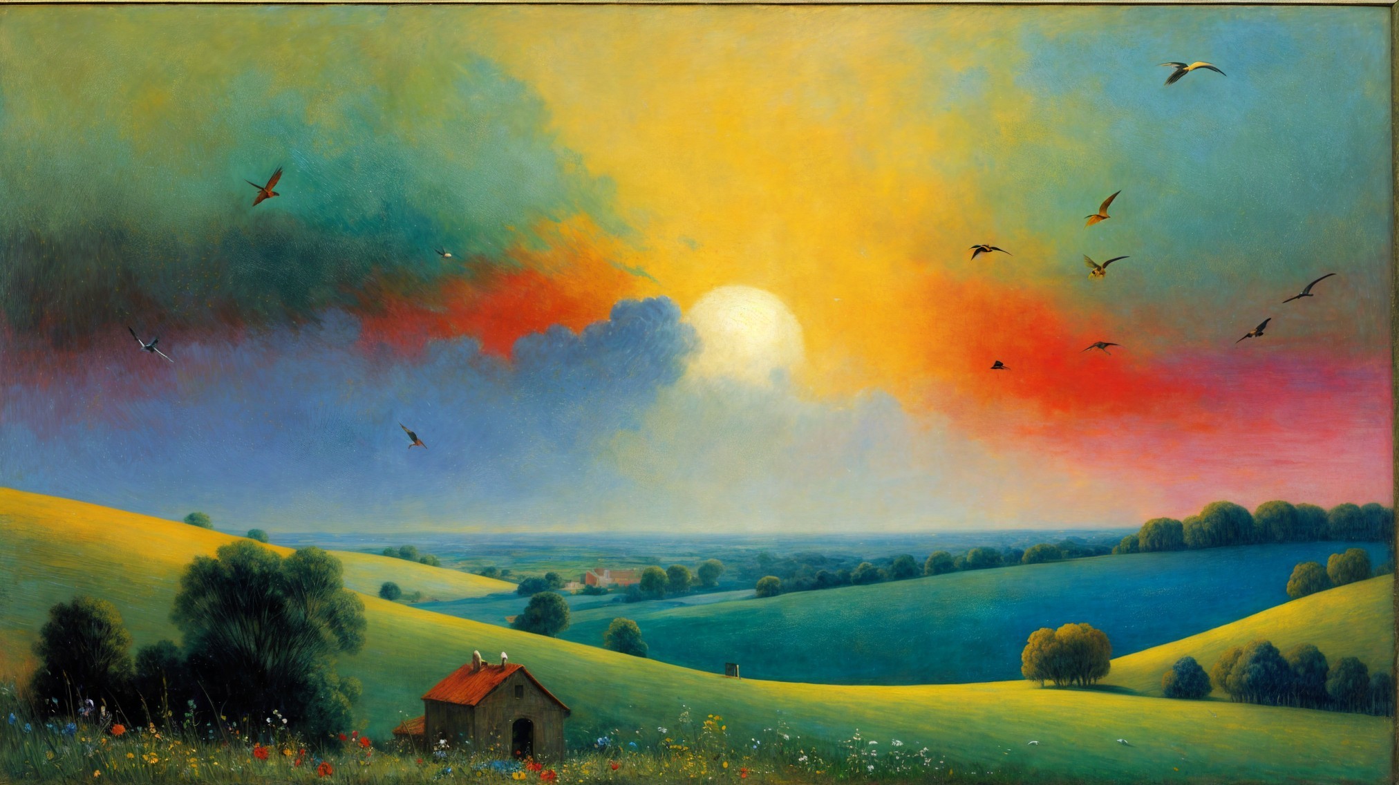 Serene Landscape with Rolling Hills and Sunset Sky