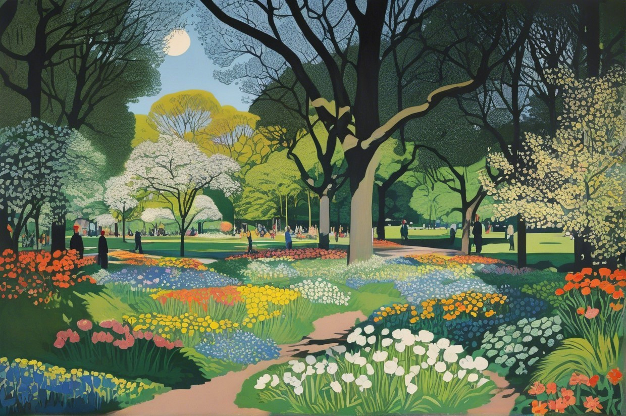 Vibrant Garden Scene with Colorful Flowers and Trees