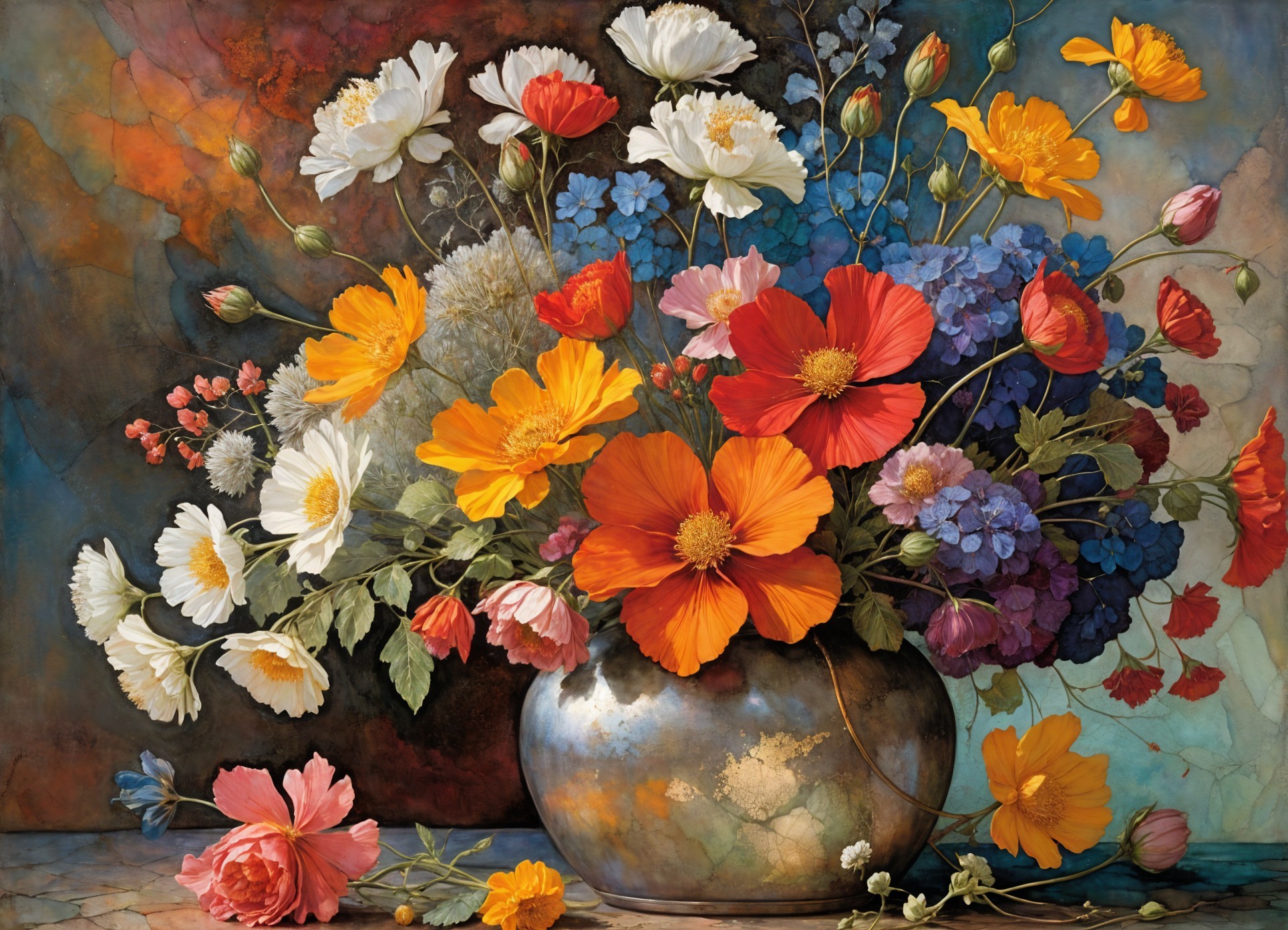 Vibrant Flower Bouquet in Silver Vase with Colorful Display