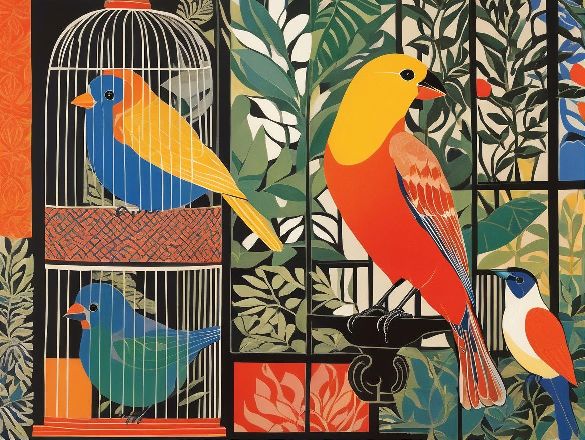 Vibrant Birds Amidst Lush Green Foliage and Patterns