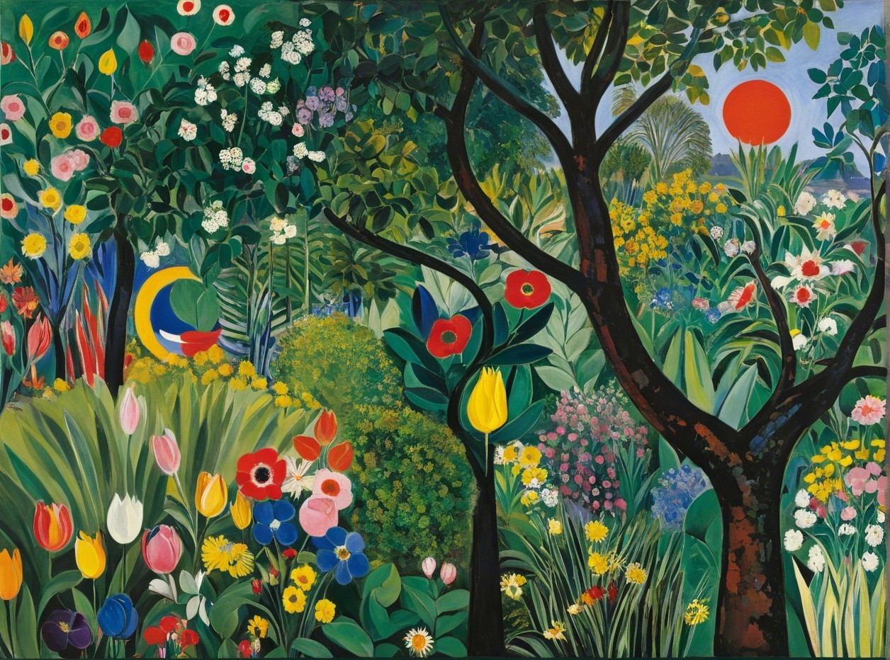 Vibrant Garden Scene with Colorful Flowers and Trees