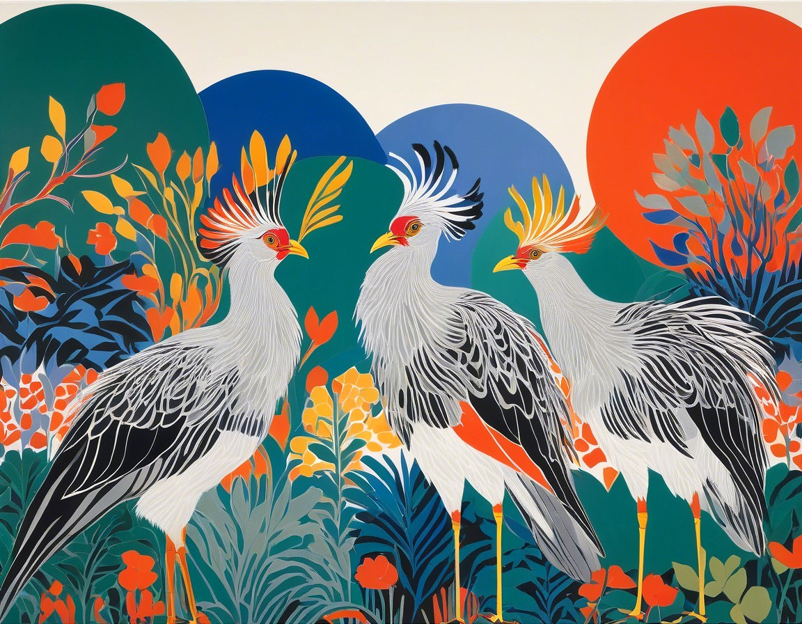 Three Secretary Birds Among Vibrant Flora and Colors