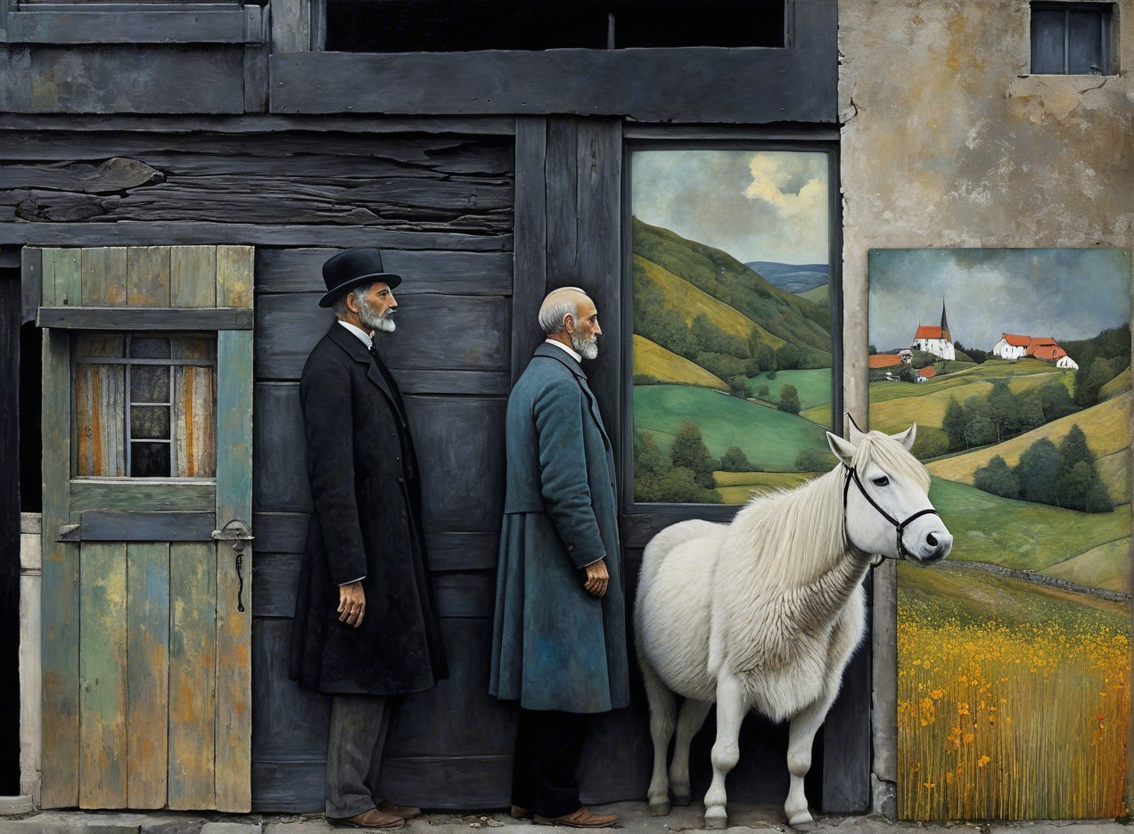 Elderly Men and Horse Outside Wooden Buildings with Landscapes