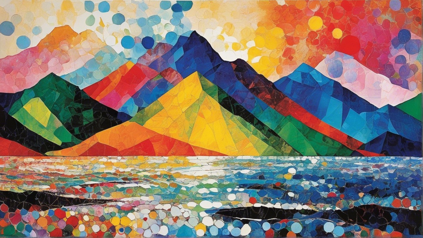 Vibrant Artwork of Colorful Stylized Mountains and Water