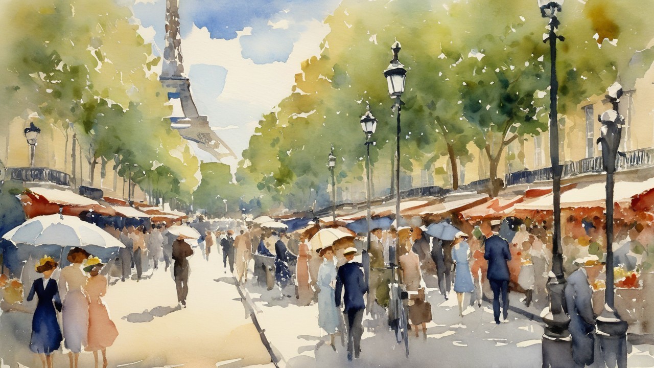 Parisian Street Scene with Umbrellas and Market Stalls