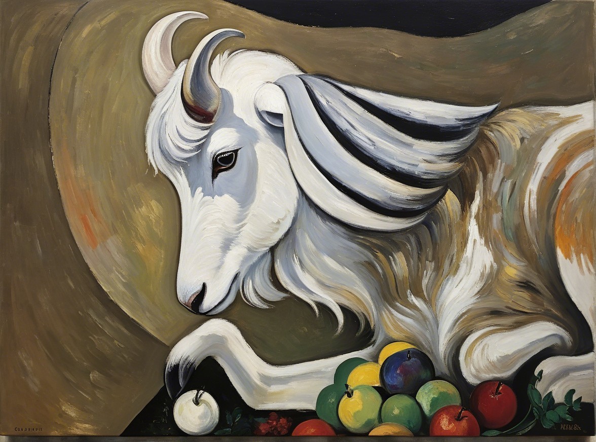 Stylized White Goat with Fruit on Neutral Background