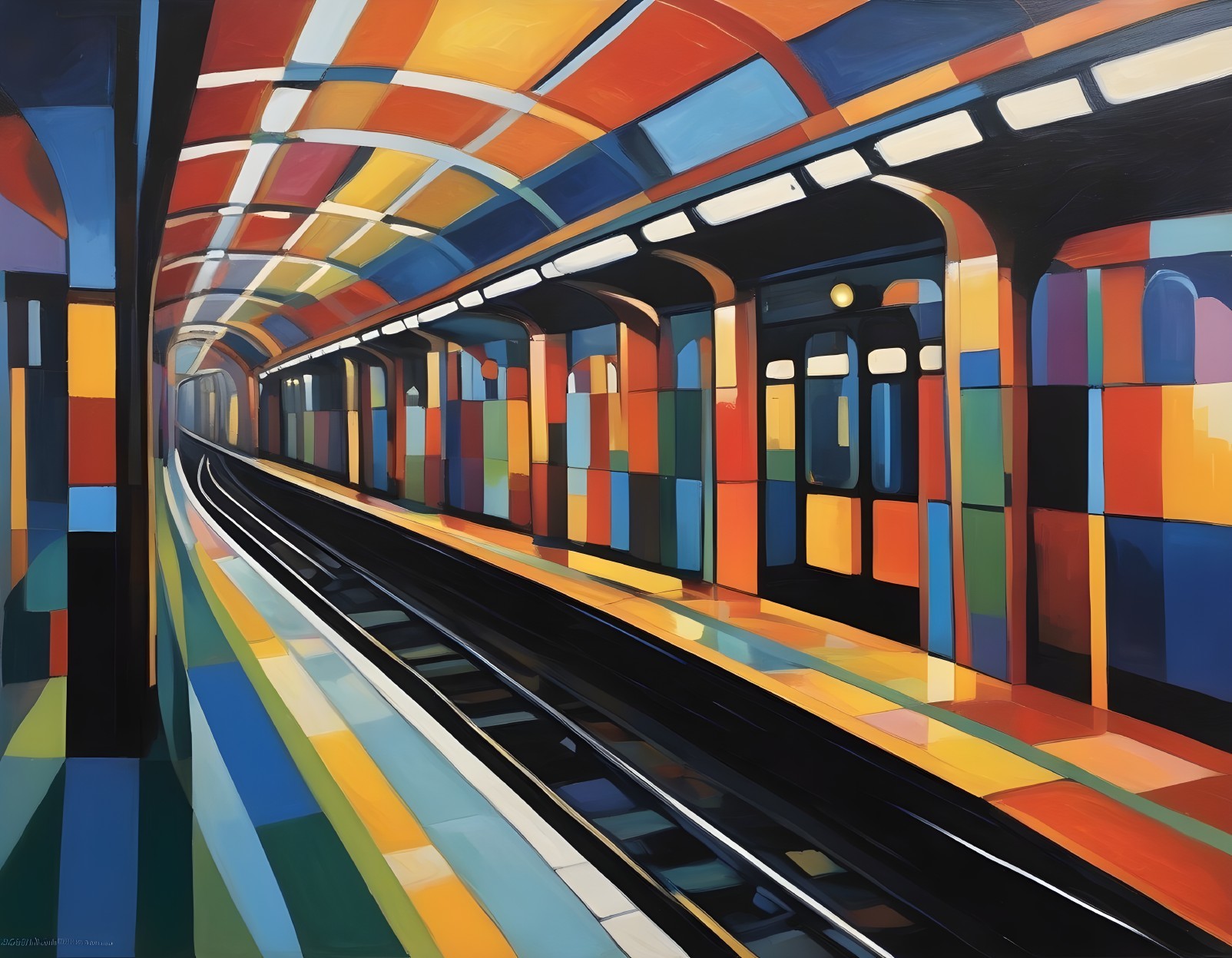 Abstract Subway Station with Colorful Patterns