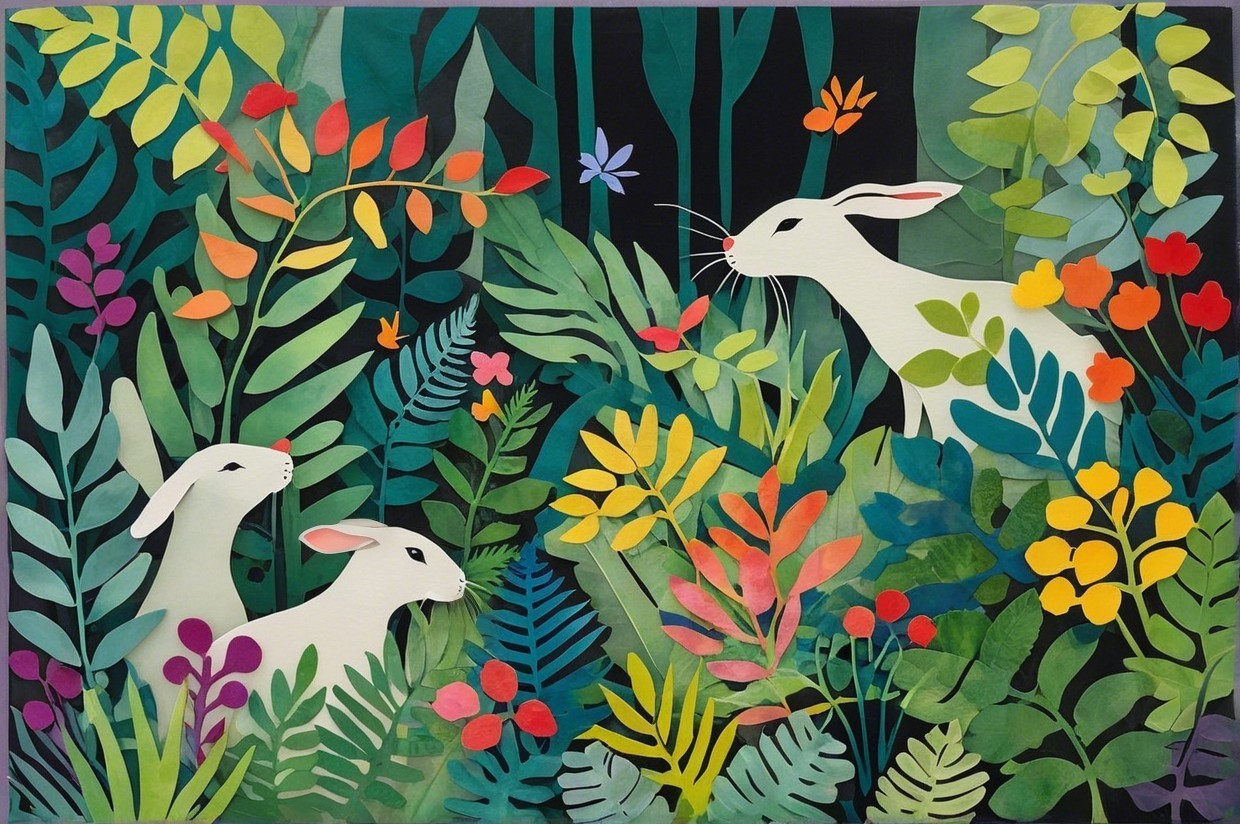 Vibrant Jungle Scene with Colorful Rabbits and Flora