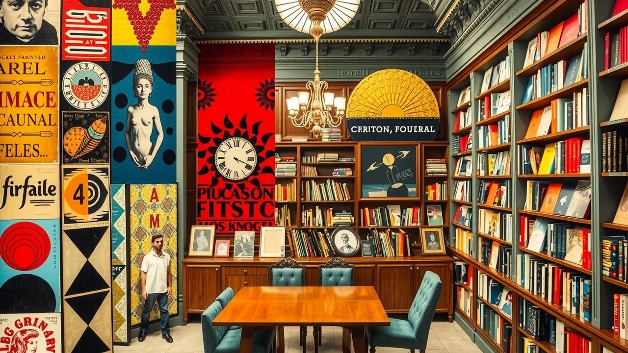 Vibrant Library with Eclectic Artwork and Murals