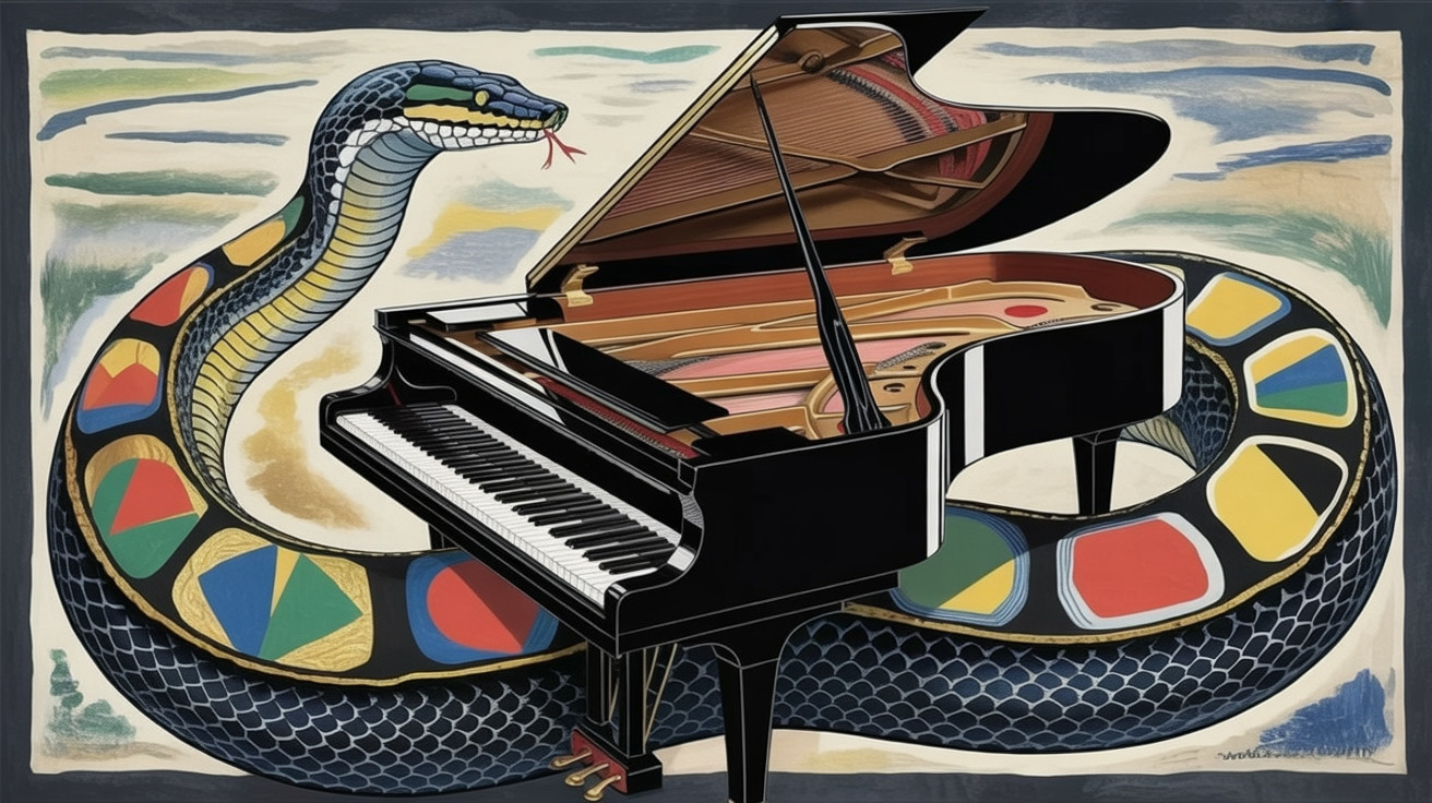Grand piano with colorful patterns and stylized snake