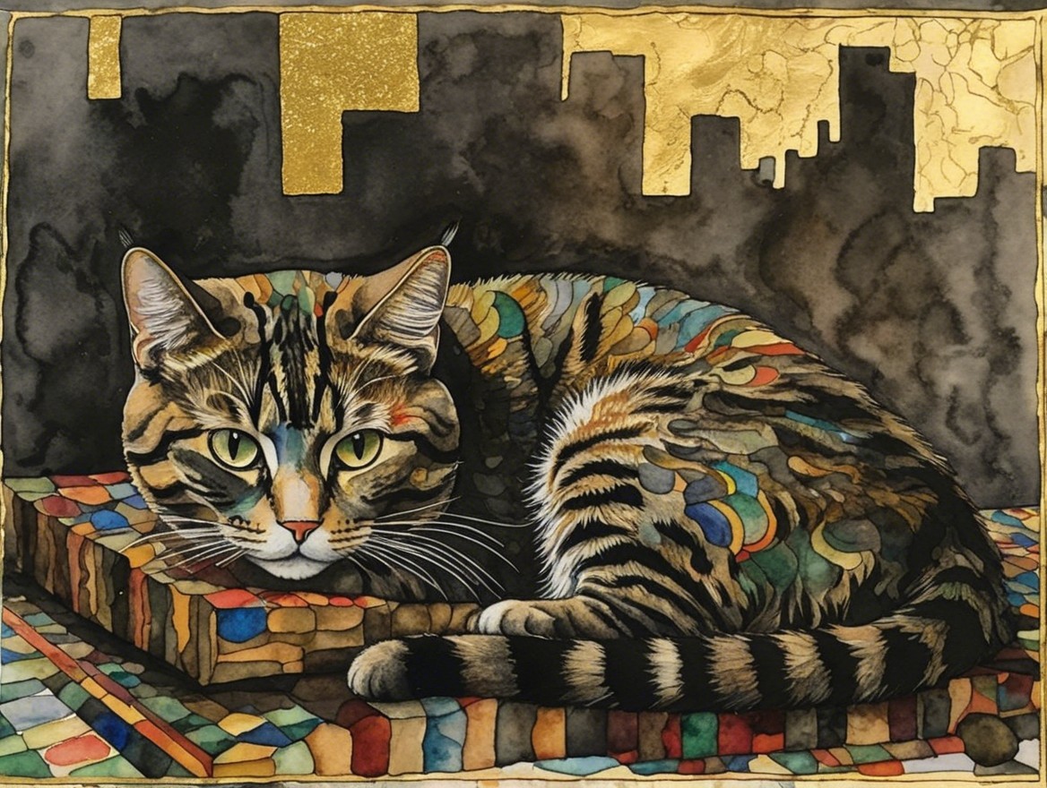 Illustration of a Cat on Colorful Patchwork Surface