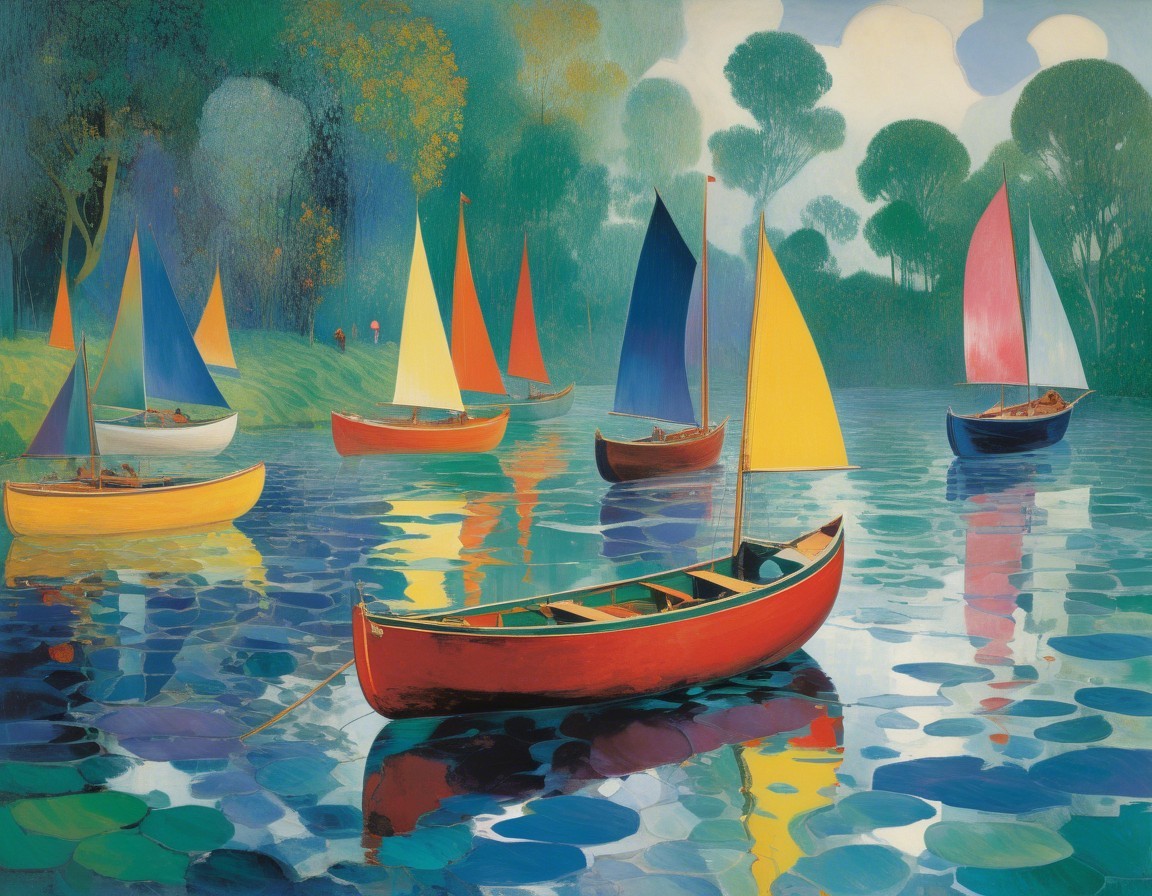 Vibrant Sailboats on a Tranquil Lakeside Scene
