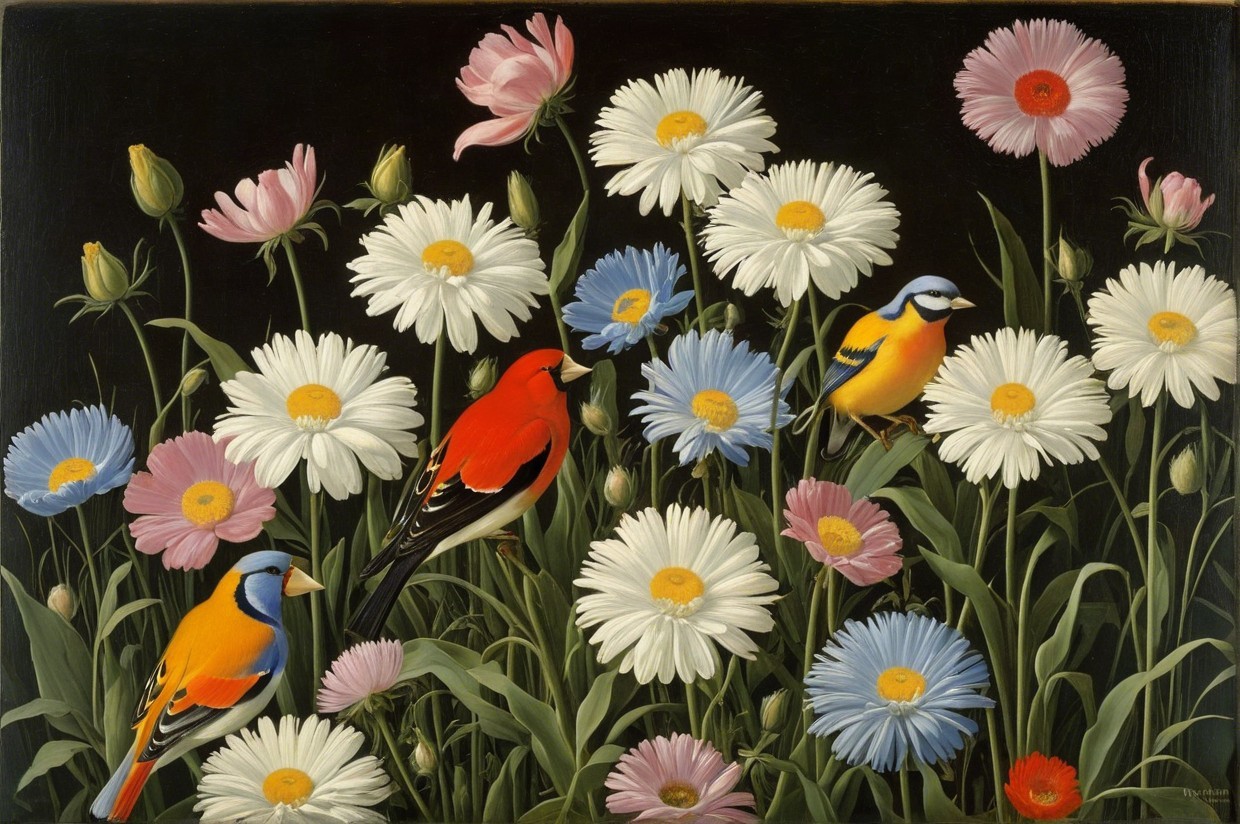 Vibrant Floral Scene with Colorful Birds in Garden