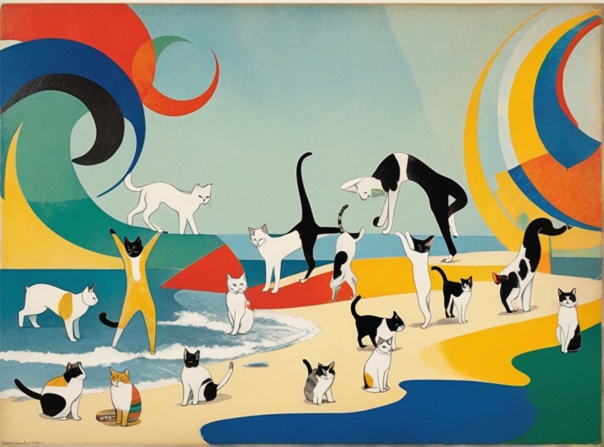 Colorful Cats Enjoying a Vibrant Beach Scene