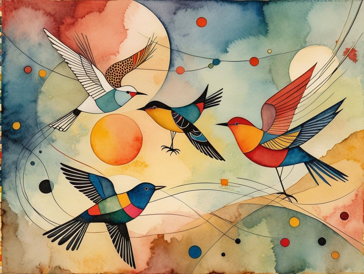Vibrant Watercolor of Birds in Flight with Patterns
