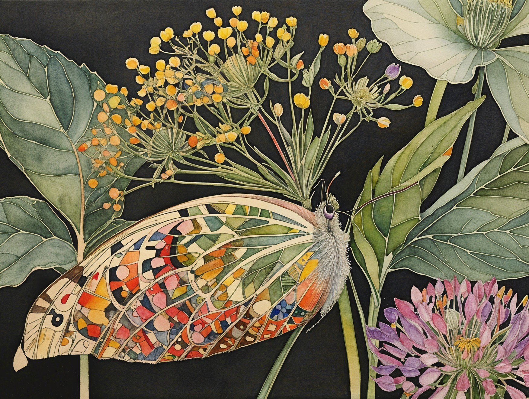Watercolor Illustration of Stained Glass Butterfly and Flowers