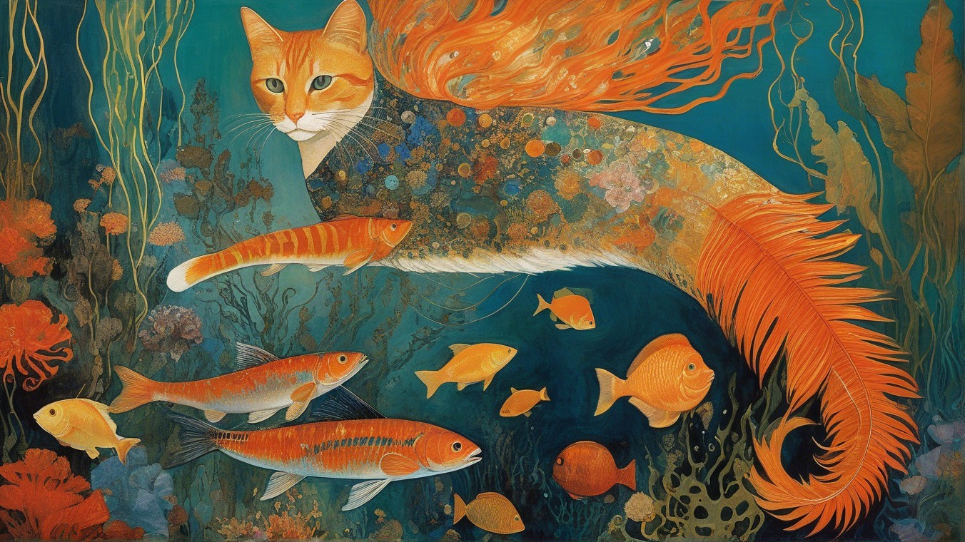 Surreal Underwater Scene with Majestic Orange Cat