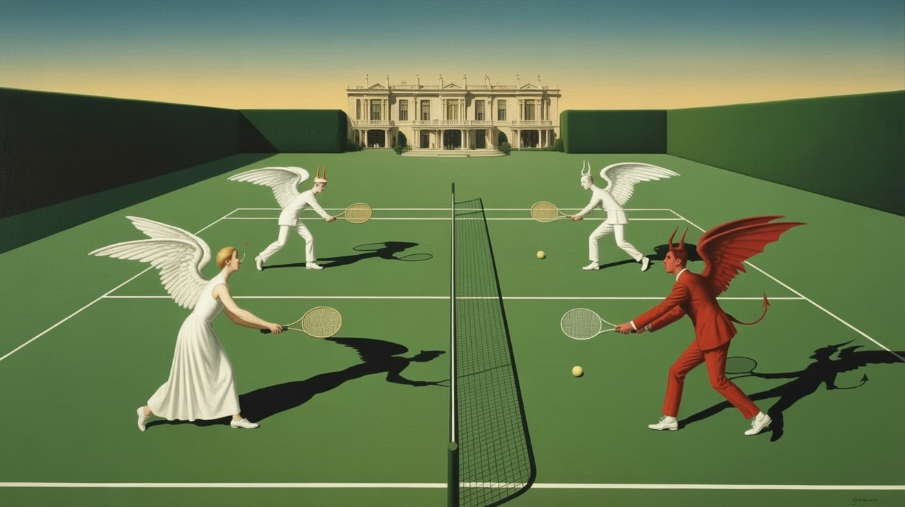 Surreal Tennis Match Between Angelic and Devilish Figures